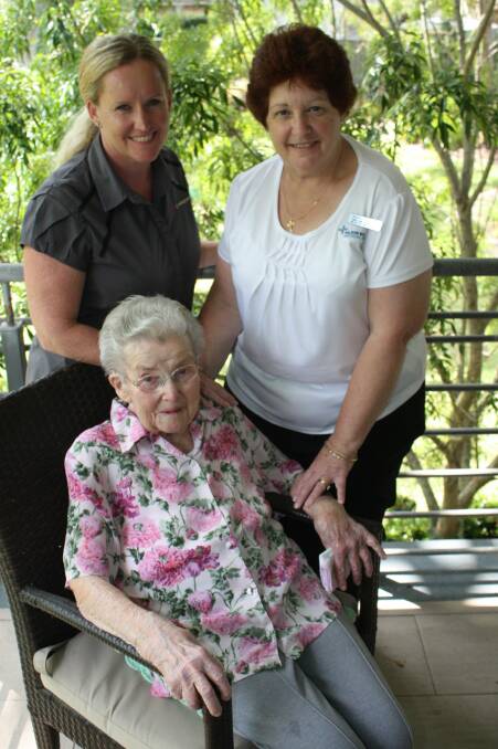 FULL PICTURE: UnitingCare Salamander Bay resident Iris Burgess with Wendy Malsem and Anne Robards. Picture: Ellie-Marie Watts