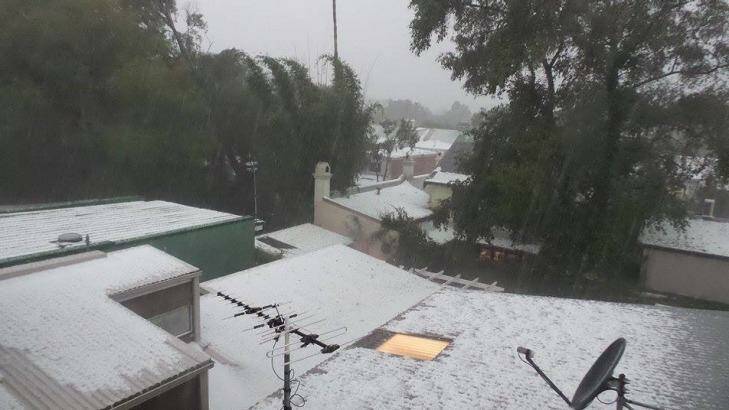 Hail gathers on roofs across Newtown. Photo: Amy McNeilage