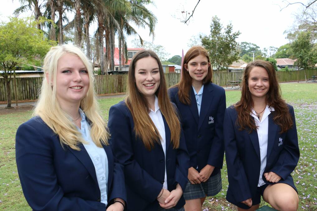 EXCITED: Hunter River High School students Emma Hampson, 16, Laura Essex, 16, Abbey McDonald, 15 and Lara Hoskins, 17. Picture by Stephen Wark.