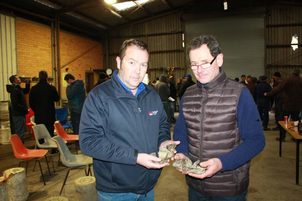TOUGH YEAR: Joe Thompson from Local Land Services with Port oyster farmer Robert Diemar at the workshop. Picture: Stephen Wark