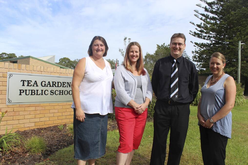 TREASURER NEEDED: Jude Woodfield, Karen Stewart-Katz and Shelley Linderman of the Parents and Citizens Group together with Tea Gardens Public School Principal Mark Clemson Picture: Nathalie Craig
