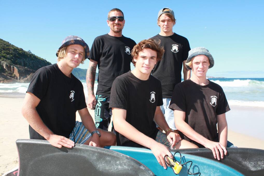 YOUR HOSTS: Kane Brewer, 16, Drew Sheedy, Anthony Thurlow, 16, Daniel Ankeney and Denver Perfrement, 15, get ready for the first round of the State titles at Shoal Bay's Box beach. Picture: Stephen Wark