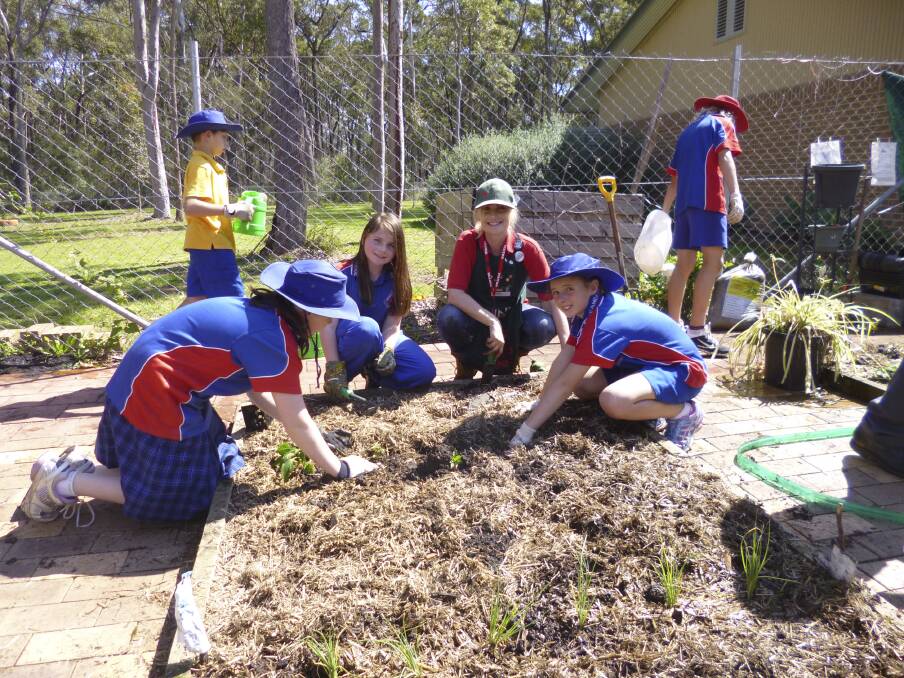 GREEN FINGERS: Abbie Smith, Chloe Baker, Bunnings horticulturalist Neridah Weitenberg and Mikayla Pink at work in the Wirreanda Public School garden.