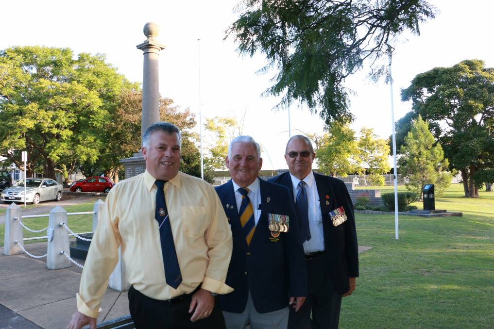 READY FOR A BIG DAY: Raymond Terrace Sub-Branch members Don Luke, Jim Walker and David Cock at town's war memorial. Picture: Stephen Wark