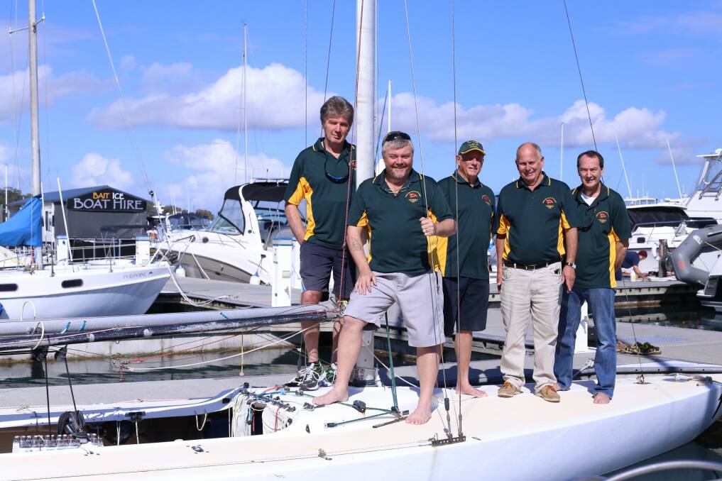 SETTING SAIL: Port Stephens Yacht Club members Dieter Greiter, Greg Busch, Bill Armstrong, Bill Haskell and Dallas Howe. Picture: Ellie-Marie Watts
