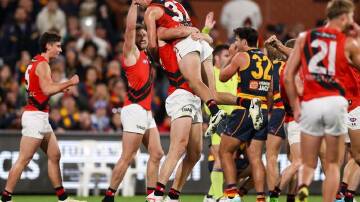 Essendon have scored a thrilling win over Adelaide after a late long bomb from Nic Martin (37). (Matt Turner/AAP PHOTOS)