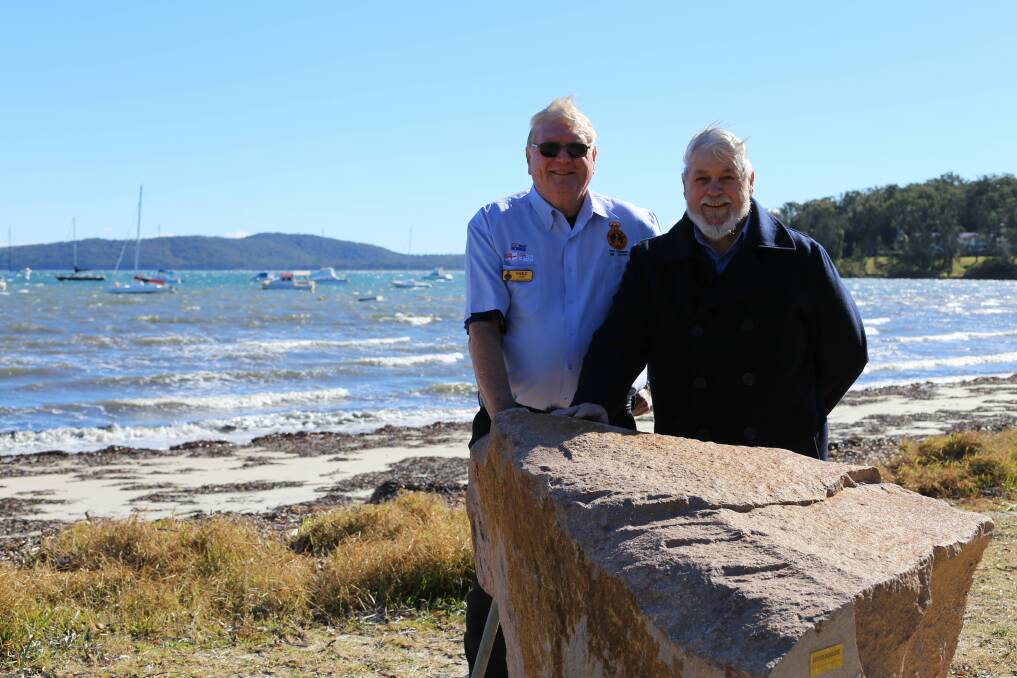 HIDDEN HERITAGE: Port Stephens Naval Association secretary Mike Orr and president Bob Parish at Roy Wood Reserve, where a memorial for the HMAS Psyche is being installed. Picture: Ellie-Marie Watts