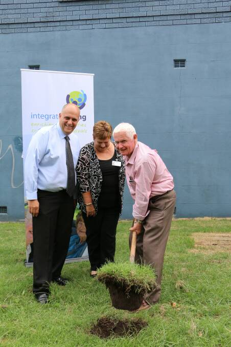 HANDS ON: Port Stephens councillor Ken Jordan, integratedliving Australia chief executive Catherine Daley and mayor Bruce MacKenzie at the garden site. Picture: Ellie-Marie Watts