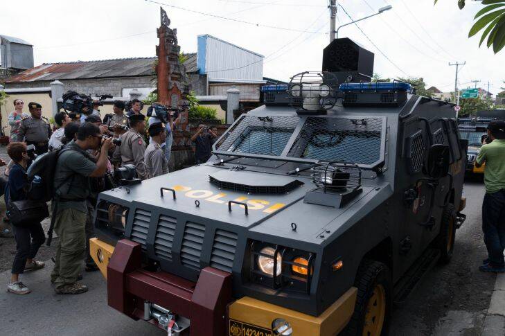 Armed Police vehicles complete a practice run of the police escort to the Parole offices in Denpasar where Convicted Australian drug smuggler Schapelle Corby will have to sign papers before being deported today from Ngurah Rai International Airport, Bali, back to Australia. Photographed Saturday 27th May 2017. Photograph by James Brickwood. SMH NEWS 170527