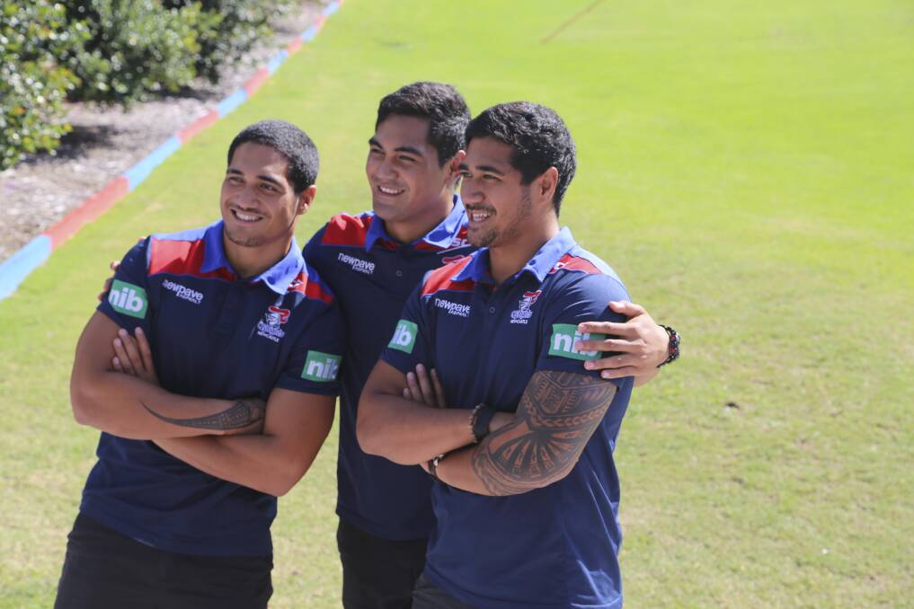 CELEBRATION: Terrace juniors Sione, Pat and Chanel Mata'utia after re-signing with the Knights. Picture: Supplied