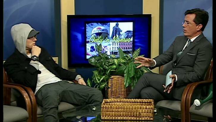 Stephen Colbert recently interviewed rapper Eminem on local Michigan community television show, Only In Monroe.