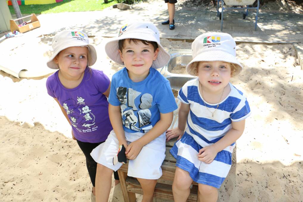 YOUNG LEARNERS: Alexis Atkinson, Jack Polly and Elizabeth Walker, all 4, at KU Peninsula Preschool in Tanilba Bay. Picture: Stephen Wark
