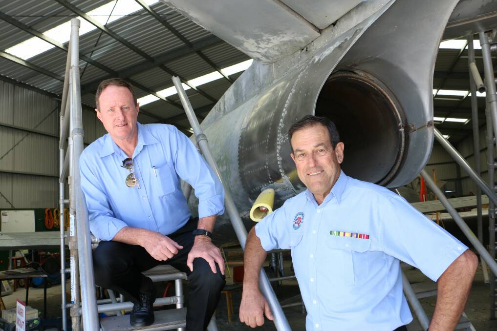 NEWS LR, Chris Priestly, Terry Wells, at Fighter World Williamtown, with the old Sabre from Raymond Terrace. 16/10/2014 Photo by Stephen Wark