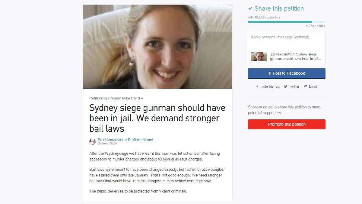 A change.org petition has been launched calling on NSW Mike Baird to toughen bail laws following the incident and had more than 40,000 signatures by mid afternoon on Tuesday. 