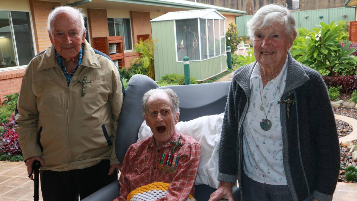DIGGERS: WWII veterans Bob Anson, Ron Farley and Patricia Mason at Opal Raymond Terrace Gardens.