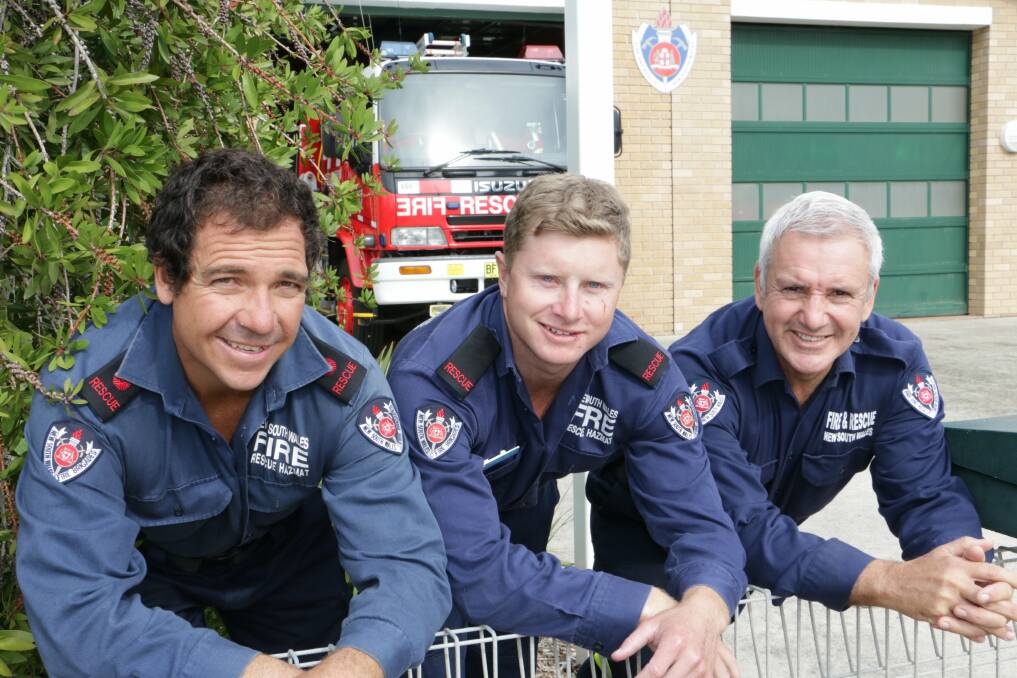 WELCOME IN: Dean Chester, Nathan Colver and Glen Henry at Tea Gardens Fire Station. Picture: Stephen Wark.