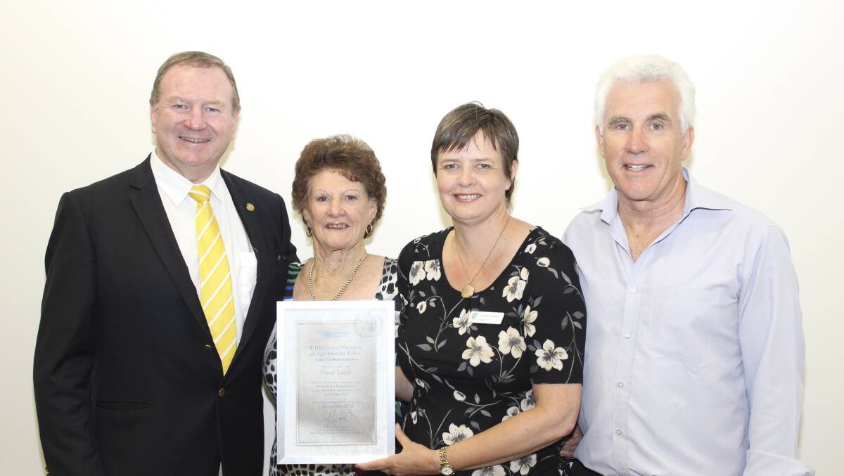 WHO: Member for Myall Lakes Stephen Bromhead congratulates the council's mayor Jan McWilliams, Lyndie Hepple and general manager Glenn Handford on becoming a member of the WHO Global Network of Age-friendly Cities and Communities.