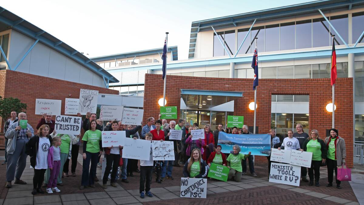 ANGRY: Pictured is a just a few of the protesters that turned up to the Port Stephens Council meeting on Tuesday night.  Picture: Marina Neil