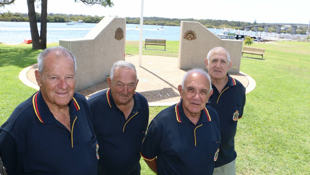 LEST WE FORGET: Barry Whiteman, Edward Mowbray OAM, Alf Ayre and Ray Prigg at Anzac Park, Tea Gardens. Picture: Stephen Wark.