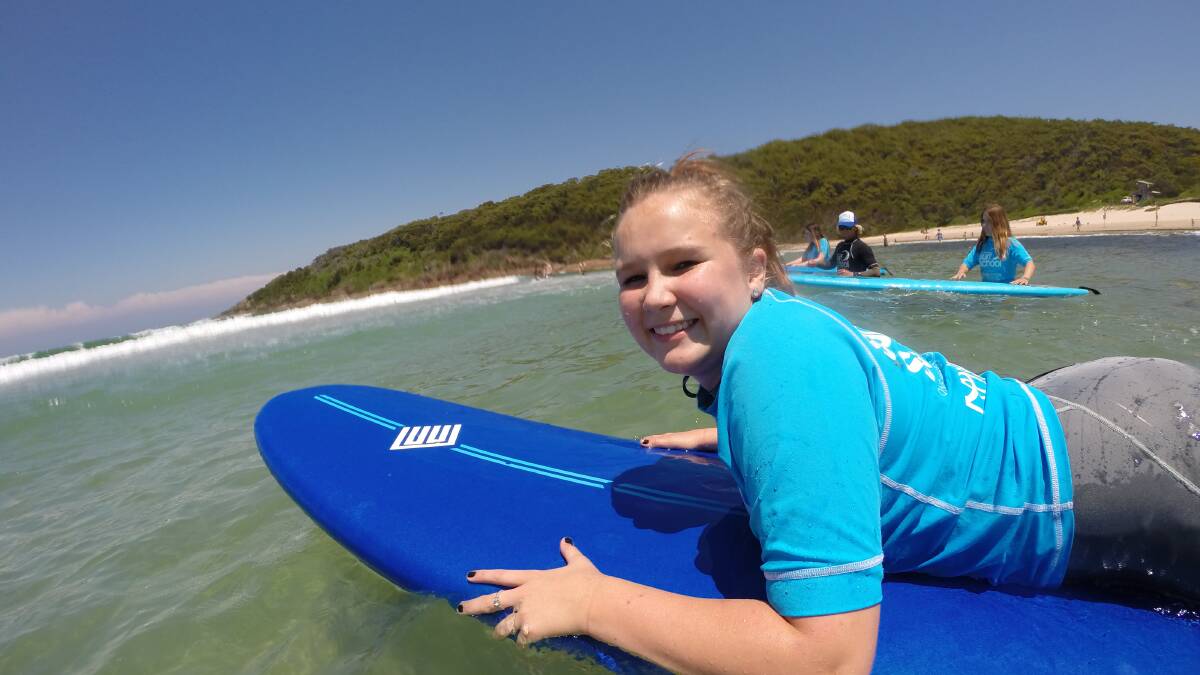 A group of Tomaree High School teenage girls took part in a four-week course with Port Stephens Surf School this month. Pictures from Port Stephens Surf School.