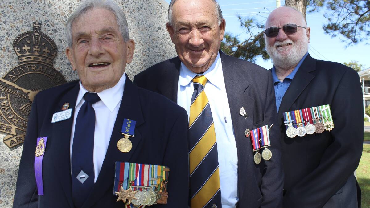 COMMUNITY MAN: Ron Franks OAM, Ted Mowbray OAM and Kevin Clemens at Tea Gardens war memorial in April 2013. Picture: Nathalie Craig.