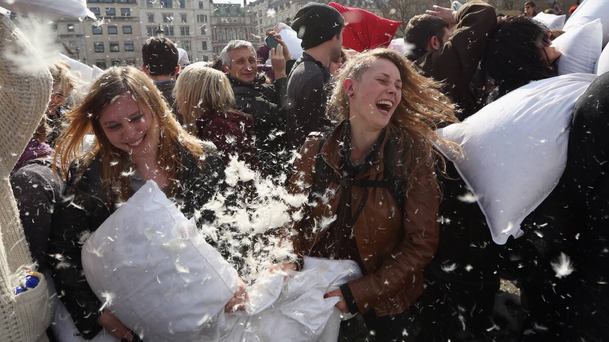 World Pillow Fight Day is celebrated in Trafalgar Square, London. Picture: Getty Images