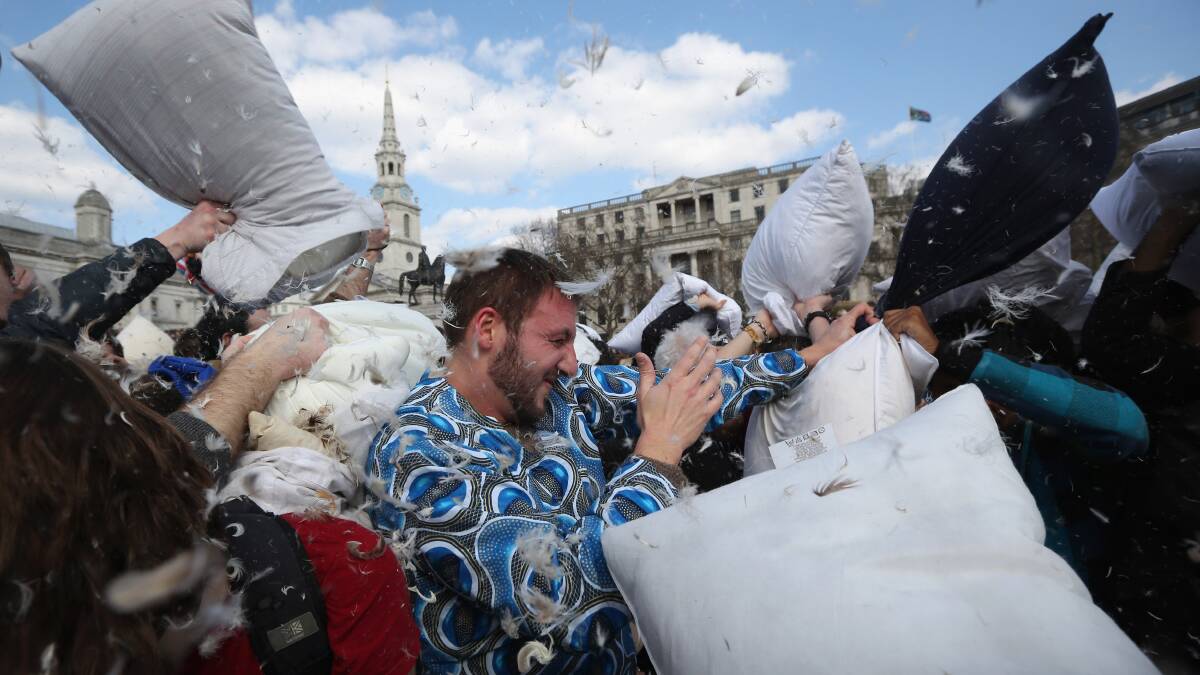 World Pillow Fight Day is celebrated in Trafalgar Square, London. Picture: Getty Images