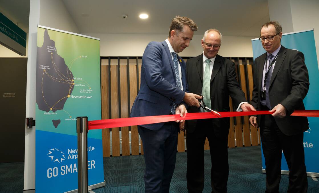 Opportunity: Transport Minister Andrew Constance, Newcastle airport chairman Peter Gesling and CEO Dr Peter Cock in August. Picture: Max Mason-Hubers