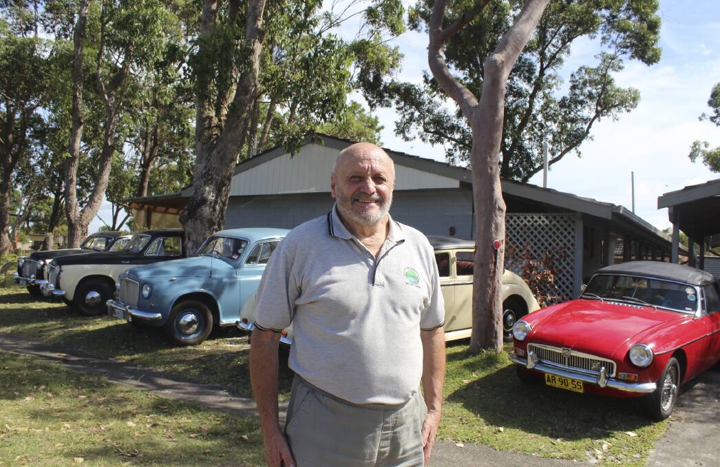 SHINER: Car enthusiast Peter Bartram, of Tea Gardens, with the classic English models he has rebuilt from the ground up and will show at the Motorfest. Picture: Nathalie Craig