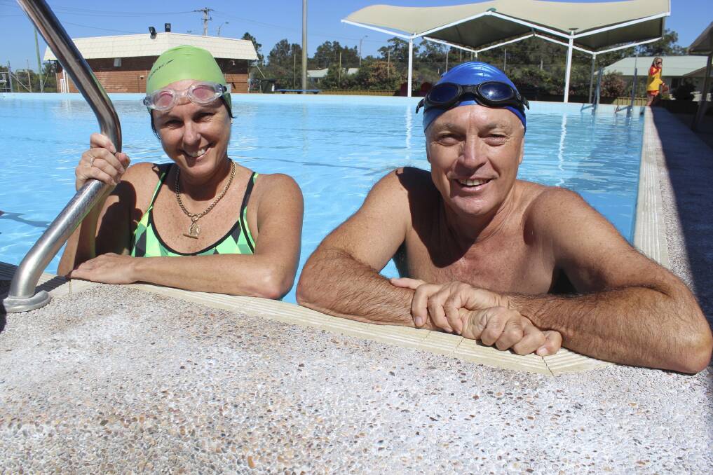 SWIM MASTERS: Myall Masters swimmers Liz McKay and coach Leon Bobako at Tea Gardens Swimming Pool.