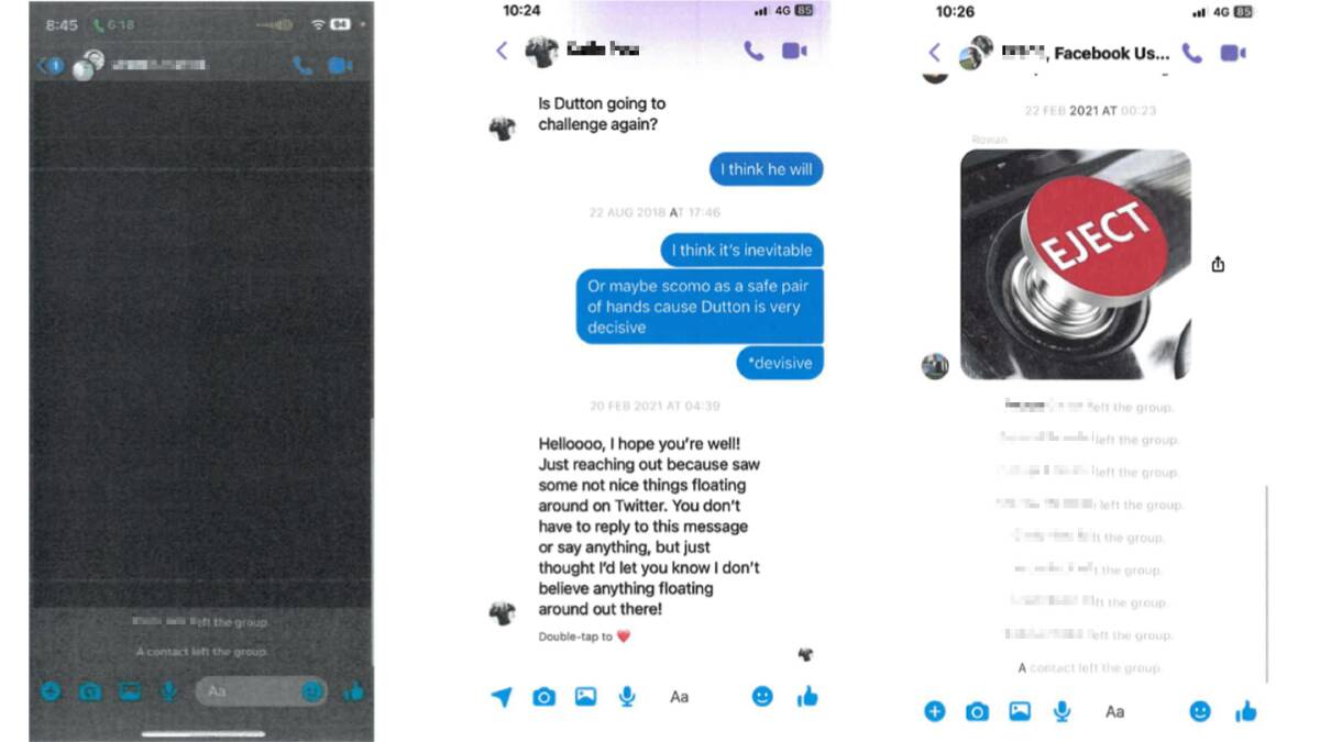 A collection of messaging screenshots from Bruce Lehrmann's phone, including group chats, left and right, in which all other participants left after his rape allegation was aired. Pictures supplied