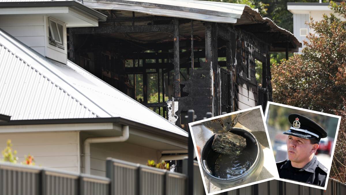 Clockwise from left, fire damage to Teralba house; a battery pack immersed in water to prevent further ignition; FRNSW Commissioner Jeremy Fewtrell. 