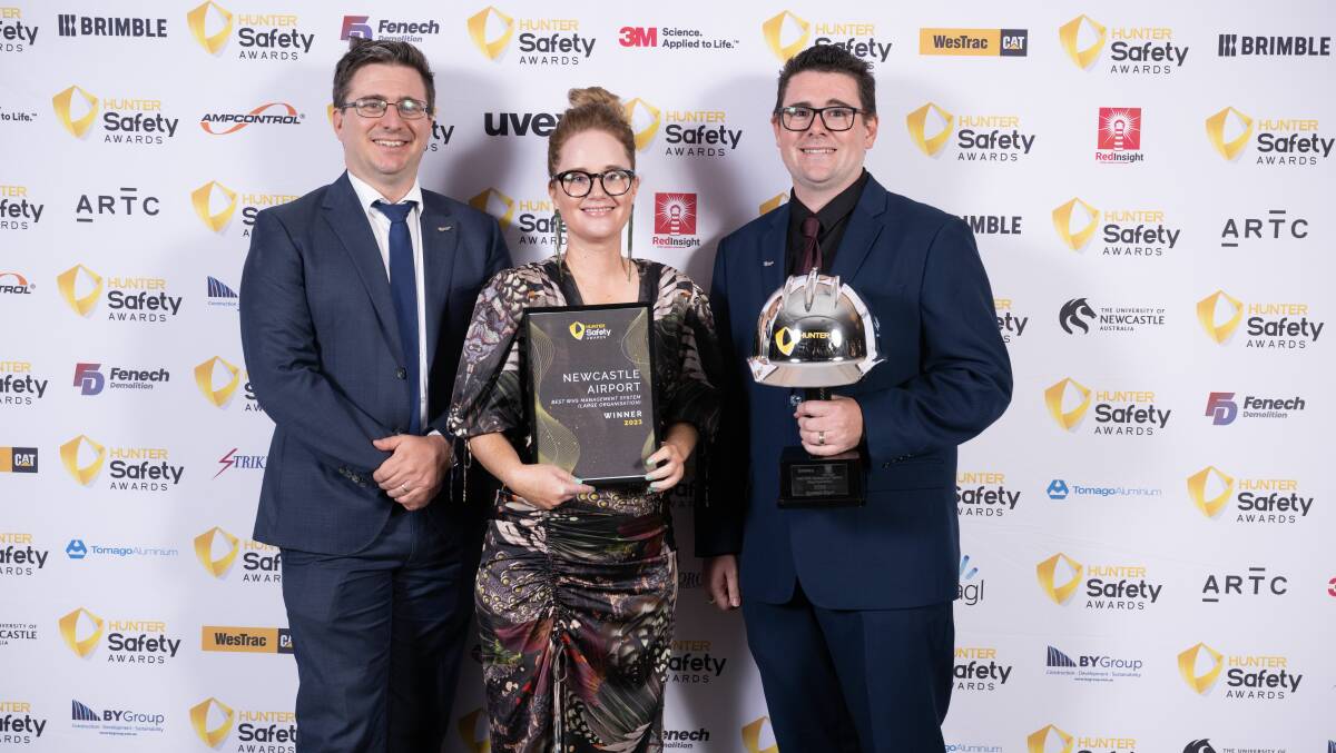 Newcastle Airport representatives James Willing, Georgina Chalker and Terry Edman at a previous Hunter Safety Awards night. Picture supplied