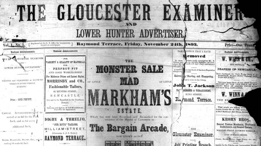 The first edition of the Gloucester Examiner and Lower Hunter Advertiser.
