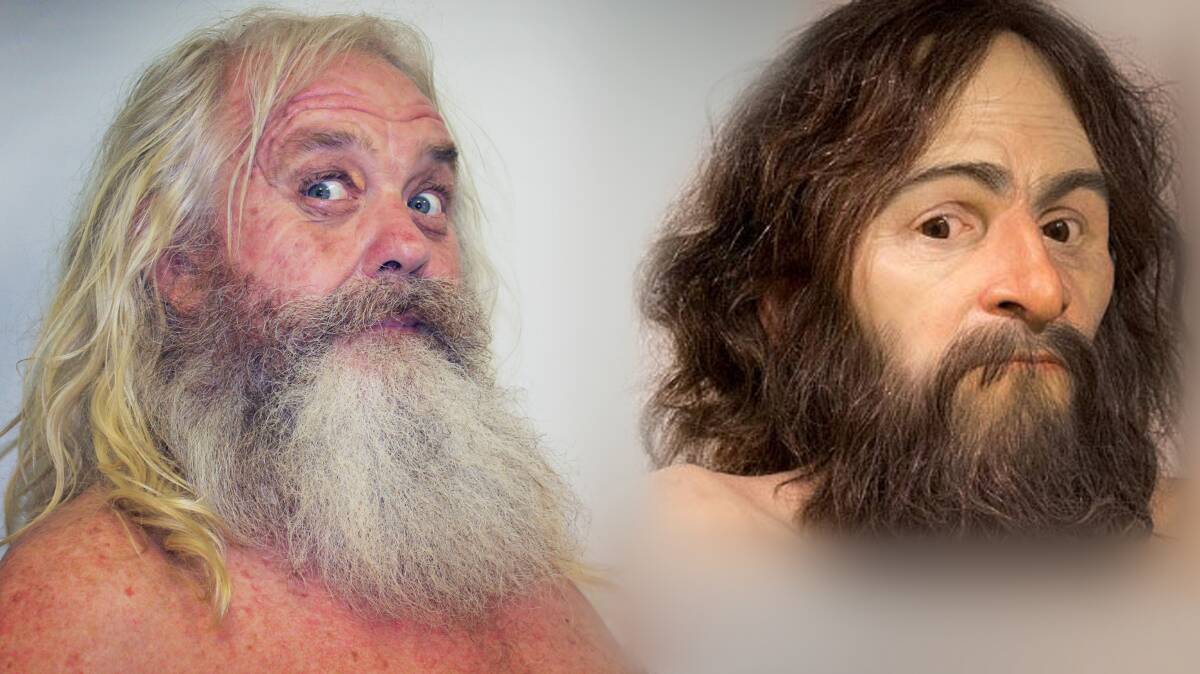 WILD MAN: Dungog's Ed Ramsay, left, is a living, breathing work of art whose likeness has been compared to the original Wild Man sculpture, right. Composite image by Perry Duffin.