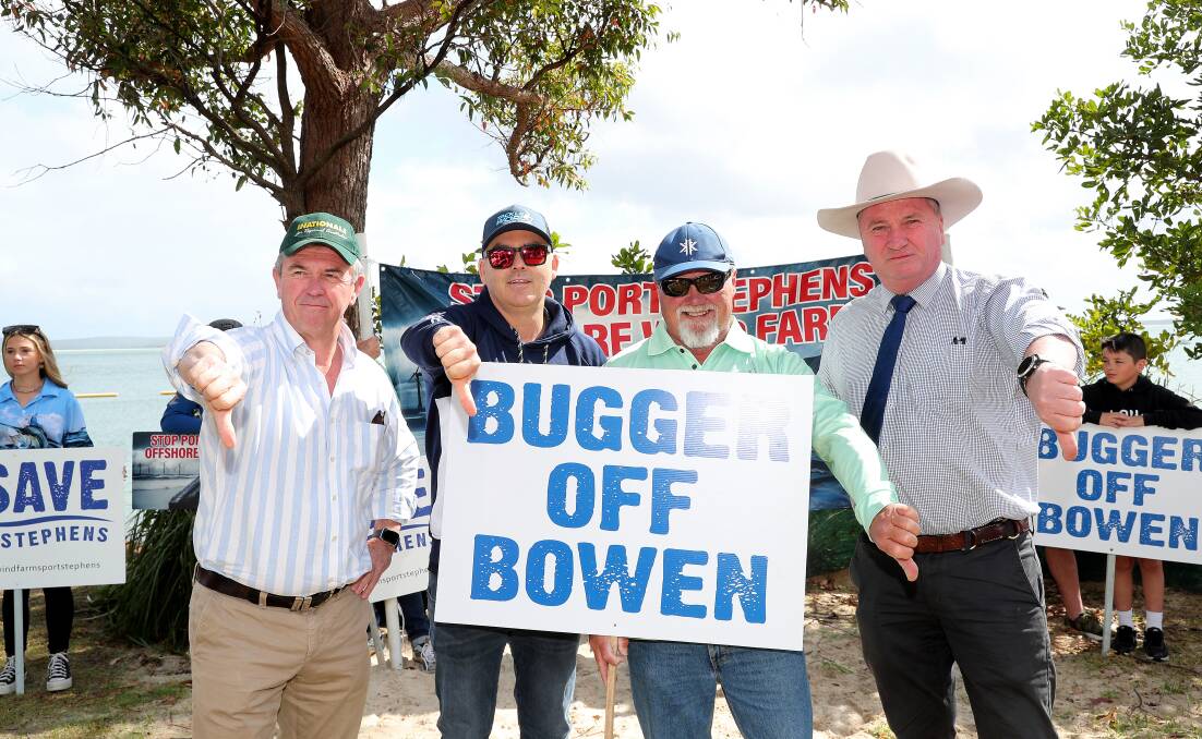 David Gillespie, Brent Hancock, George Trinkler and Barnaby Joyce at the Wind Farm Protest at Nelson Bay on Saturday, October 5, 2023. Picture by Peter Lorimer