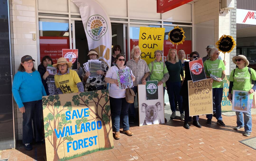 Members of a coalition of community and environmental groups hold a peaceful rally, outside Port Stephens MP Kate Washington's office, against a proposed quarry in the Wallaroo State Forest at Balickera. Picture by Michael Hartshorn