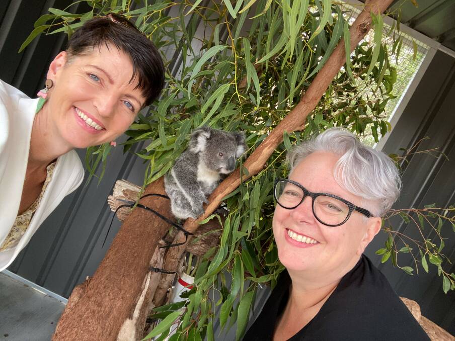 Port Stephens MP Kate Washington and Minister for Climate Change and the Environment Penny Sharpe with a koala joey at the Port Stephens Koala Hospital. Picture supplied.