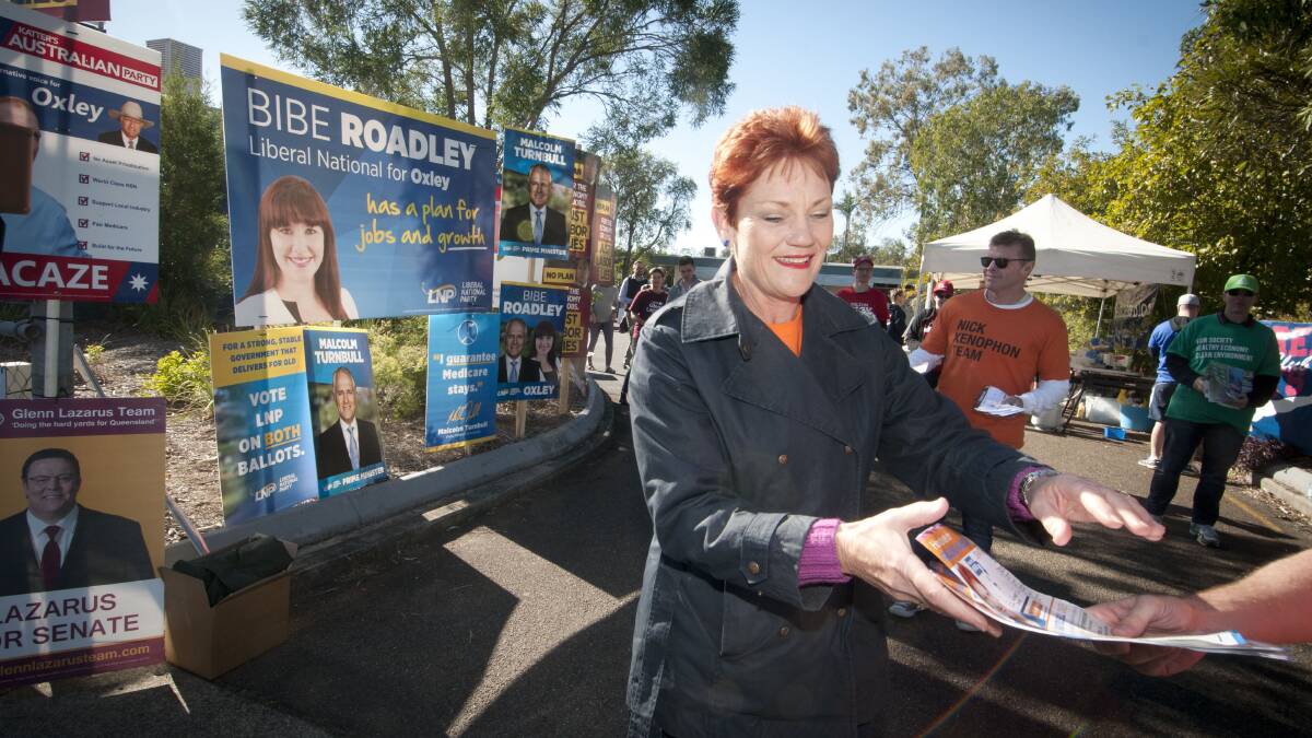 LIFE AFTER DANCING WITH THE STARS: Pauline Hanson, who has won a seat in federal parliament as a Senator for Queensland, voting in Brisbane on Saturday. Picture: Robert Shakespeare/Fairfax Media.

