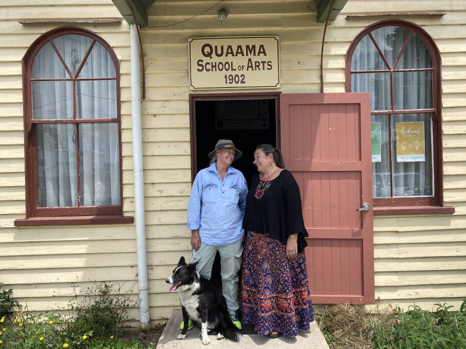 Jenni Bruce and Veronica Abbott with Frank the border collie outside the Quaama School of Arts. Picture: John Hanscombe
