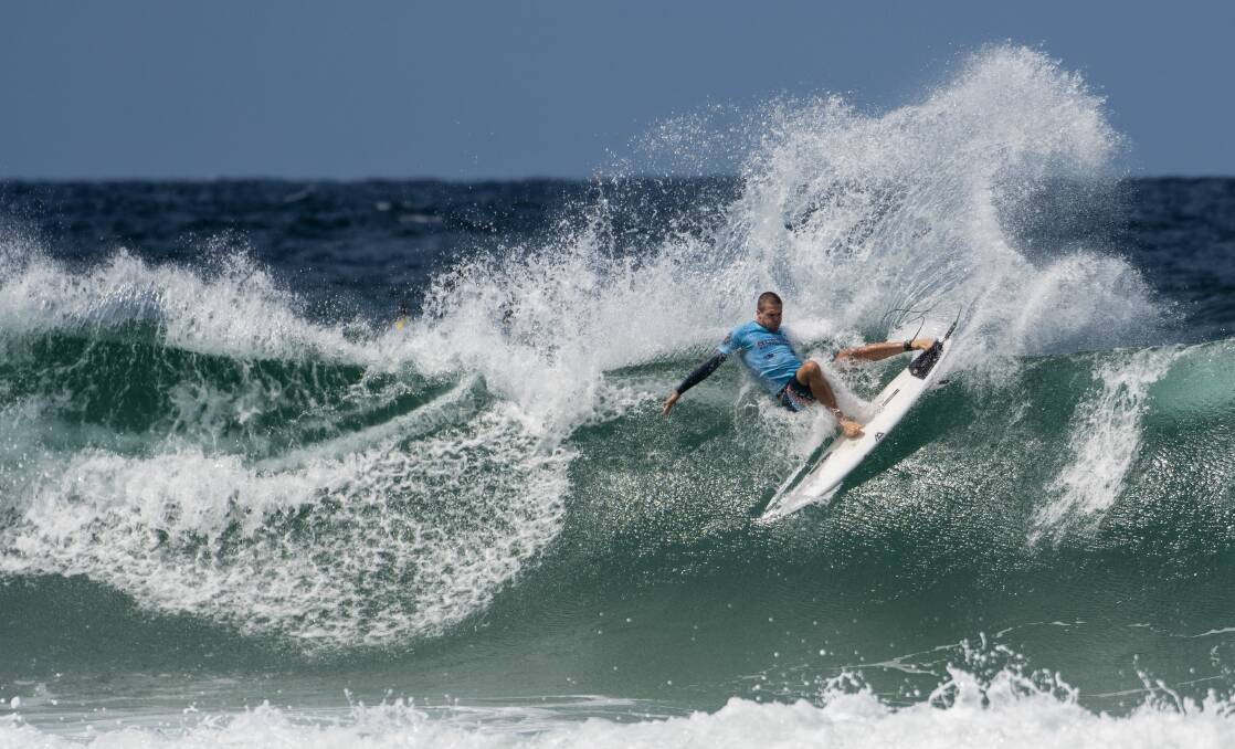 BIG MOVE: Championship Tour star Ryan Callinan rips in to his home break of Merewether during the Surfest 2020 men's final won by Julian Wilson. Picture: Tom Bennett/WSL