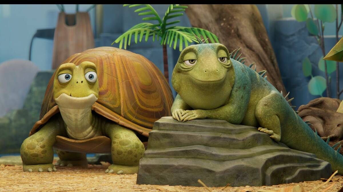 Adam Sandler voices Leo the tuatara (right) while Bill Burr voices Squirtle the turtle (left) in Leo and, below, contestants compete in Squid Game - The Challenge. Pictures by Netflix