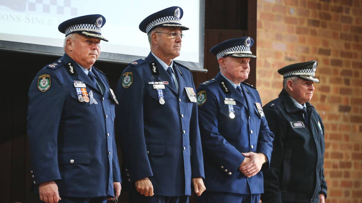 NSW Police Deputy Commissioner Regional Field Operations Gary Worboys, Northern Region commander Assistant Commissioner Max Mitchell, Port Stephens-Hunter commander Superintendent Craig Jackson, Reverend Anthony Lang . Picture: Marina Neil