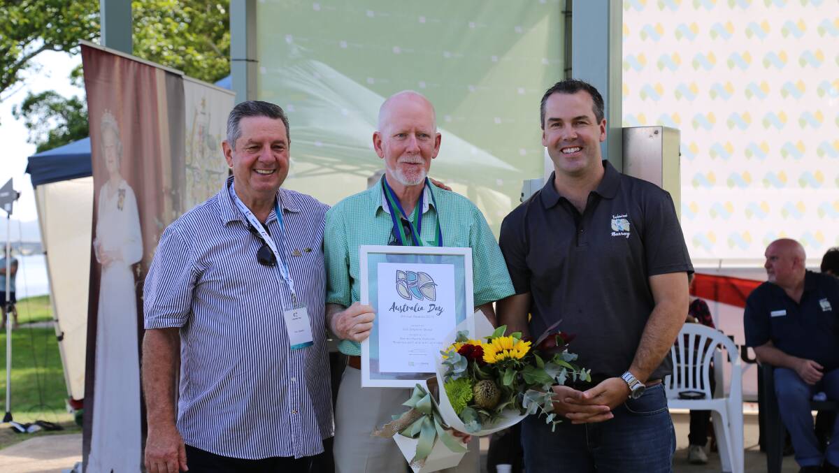 RECOGNISED: Australia Day ambassador Ron Delezio with Nigel Waters and Port Stephens Mayor Ryan Palmer.