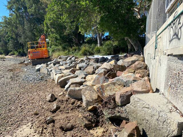 TIME TO ACT: Frank Future says more revetment rock walls such as this one being constructed at at Soldiers Point may be needed across Port Stephens in the future. 