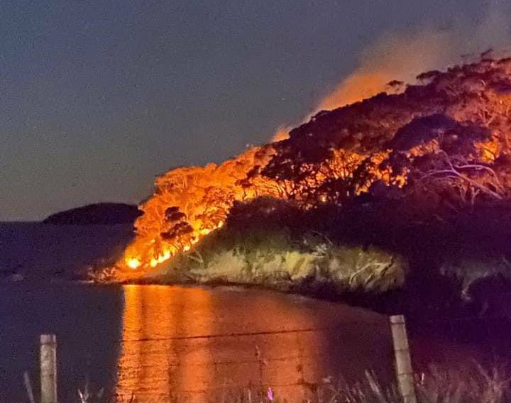ON FIRE: The Fingal Bay fire near Barry Park on Monday night was attended by firefighters from Fingal, Soldiers Point and Anna Bay Picture: Supplied