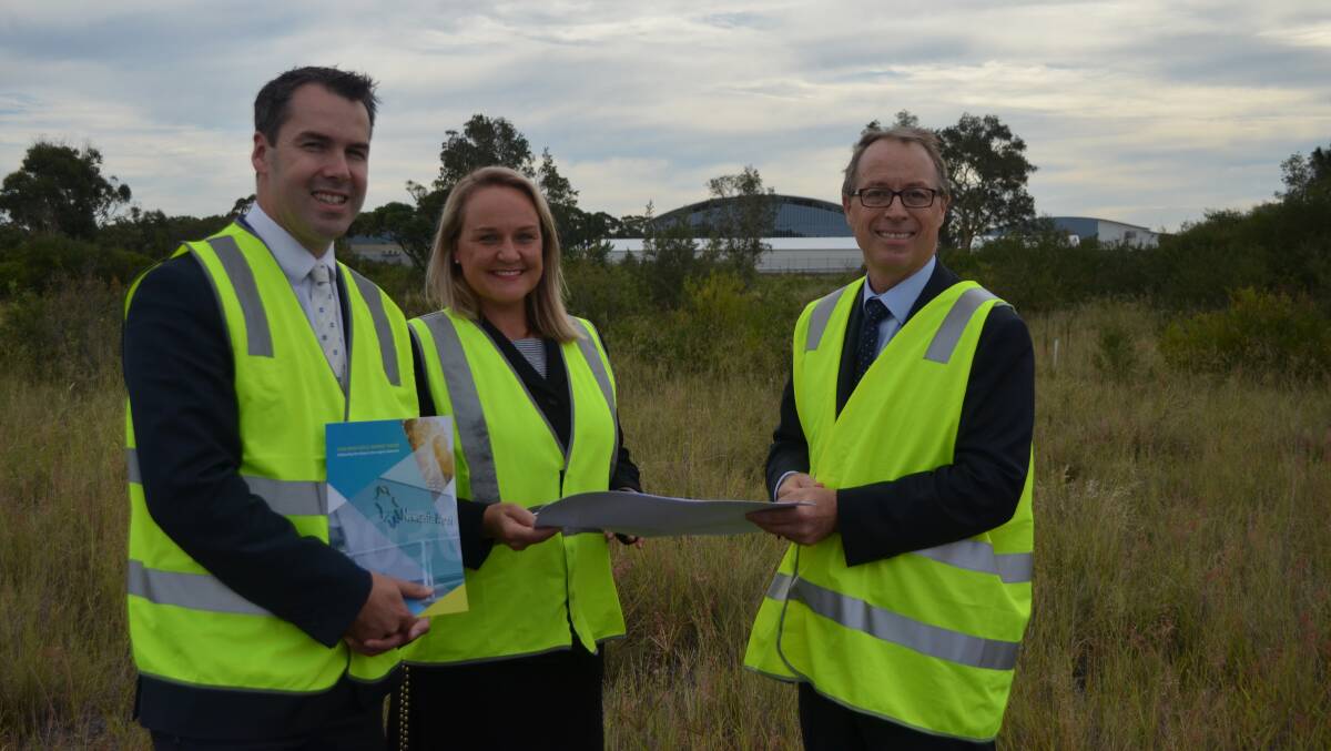 FORWARD THINKING: Port Stephens mayor Ryan Palmer, Newcastle lord mayor Nuatali Nelmes and Newcaslte Airport CEO Peter Cock announced on Wednesday it would seek to buy 76 hectares to expand the airport. Picture: Sam Norris