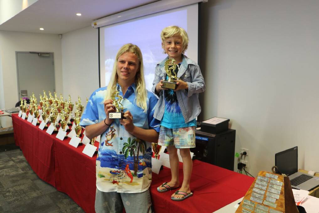 ALL AGES: Single Fin competition winners Max McGaw and Noah Bartlett received trophies at the Bay Area Boardriders presentation. Picture: Bay Area Boardriders