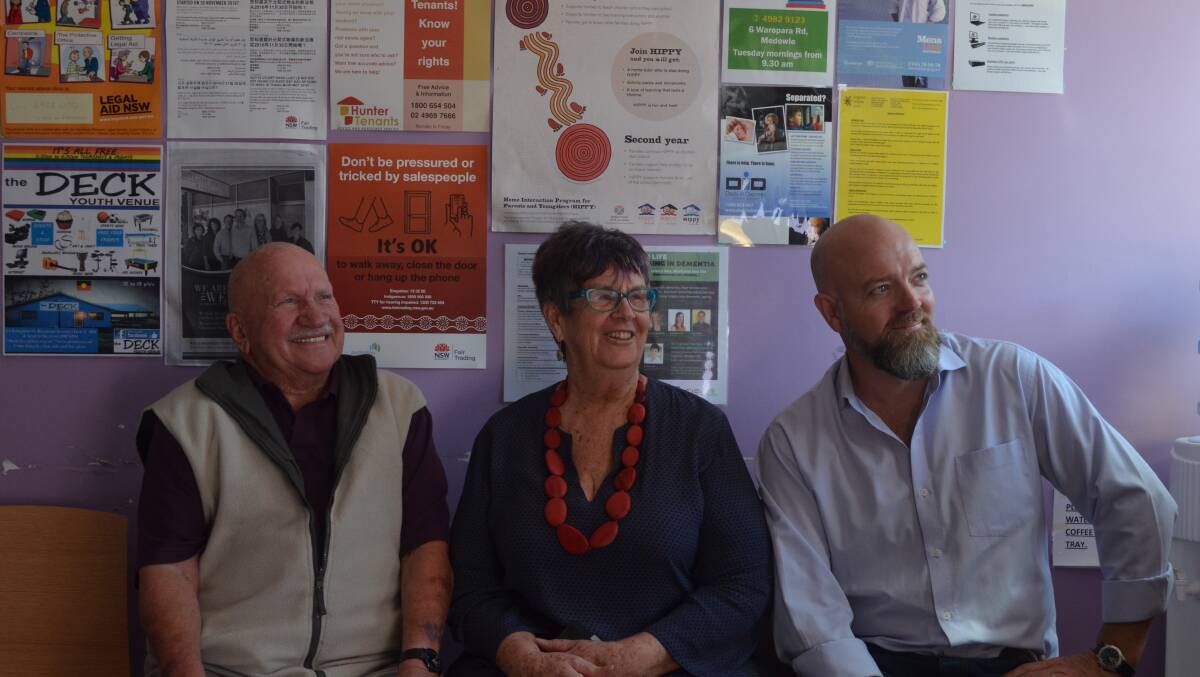 BRIGHTER TIMES: Port Stephens Family and Neighbourhood Services co-manager Colleen Whittle is looking forward to working collaboratively with Alan Cloke and Gerard McClafferty from Salamander Bay Recycling. Picture: Sam Norris