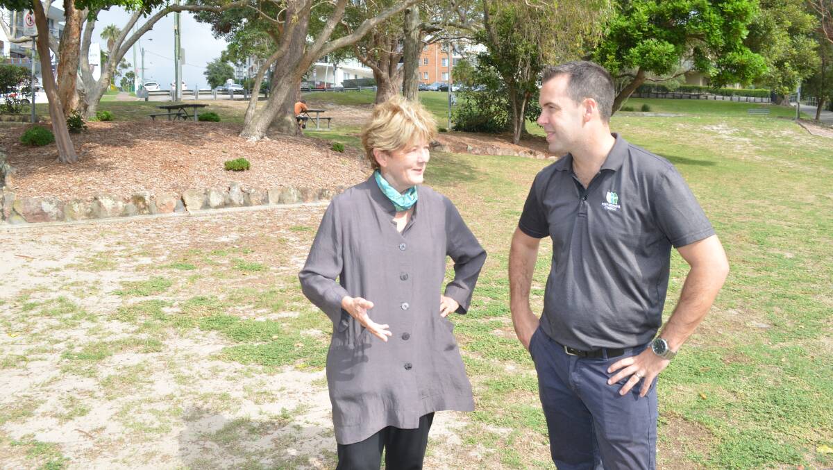 IF YOU BUILT IT: Port Stephens Duty MLC Catherine Cusack and Port Stephens mayor Ryan Palmer at Apex Park, which will receive tiered seating suitable for concerts and better pathways for hosting markets among other events. Picture: Sam Norris